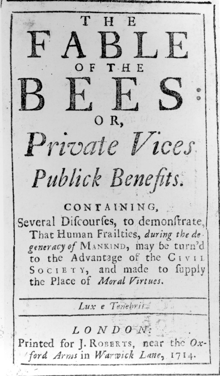 Titelsida till The Fable of the Bees av Bernard de Mandeville, 1714 av English School