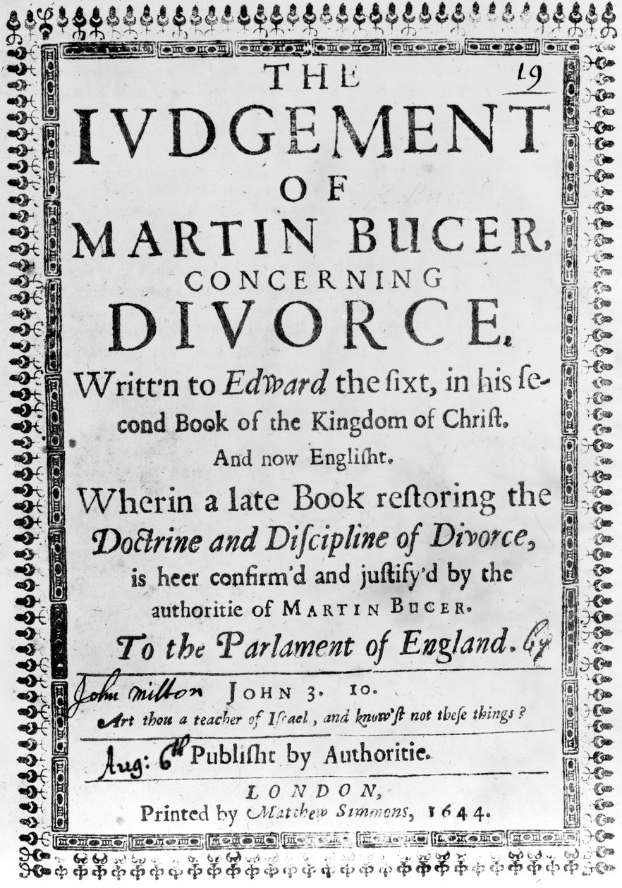 Titelsida från The Judgment of Martin Bucer angående skilsmässa av John Milton, publicerad 1644 (tryckt papper) av English School