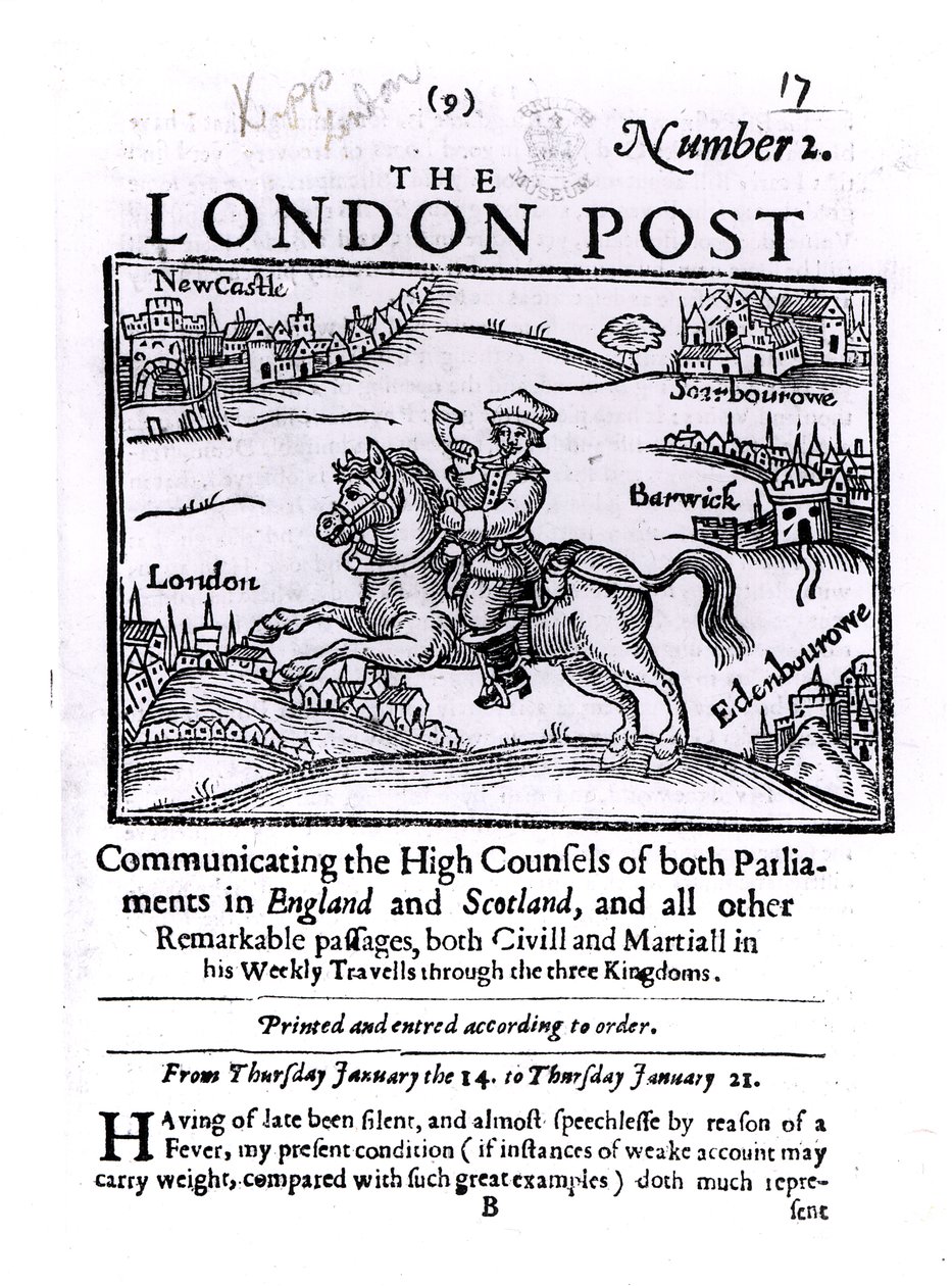 Titelsida för "The London News", som kommunicerar de höga råden från båda parlamenten i England och Skottland av English School