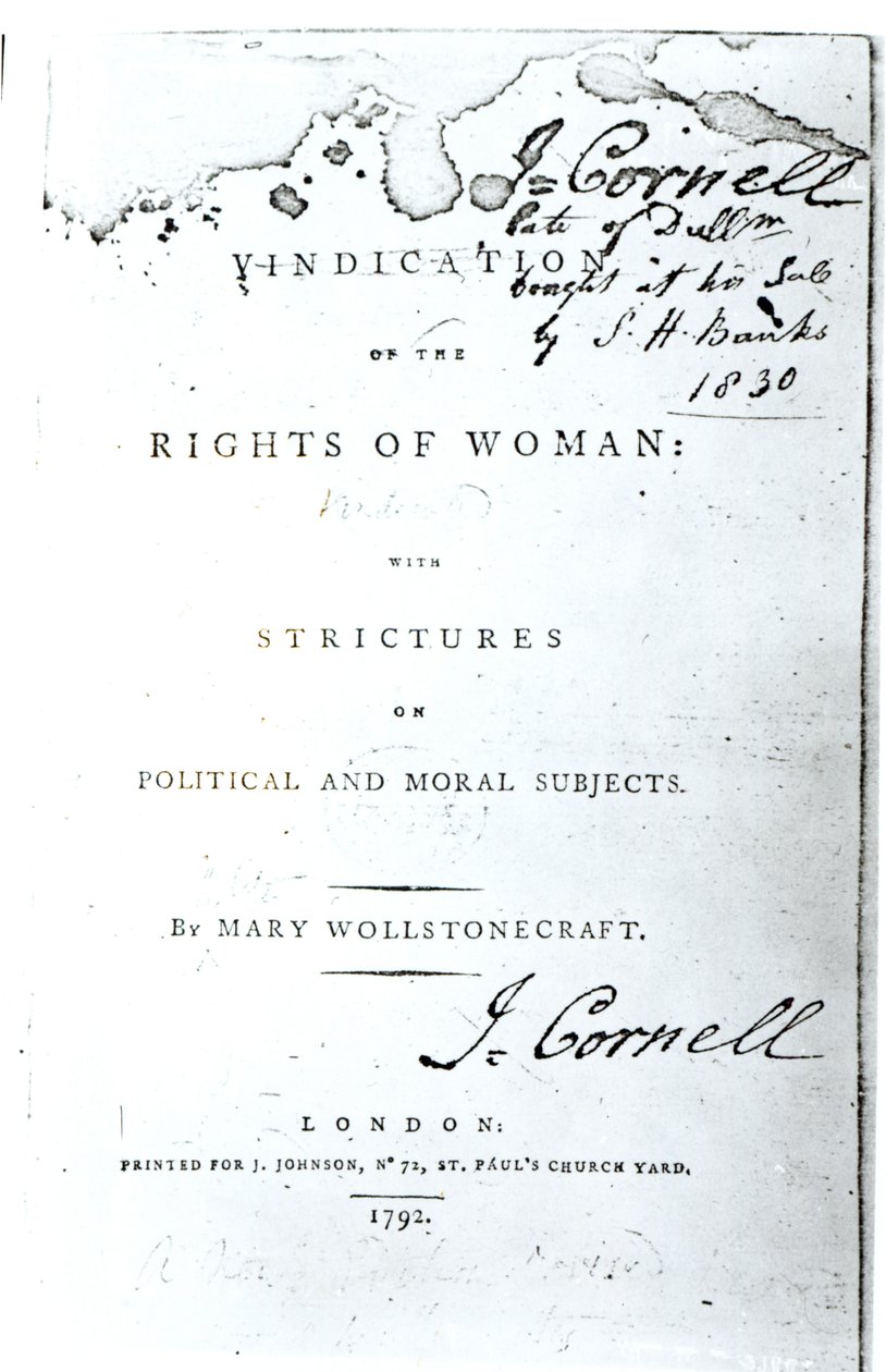 Titelsida för Vindication of the Rights of Woman av Mary Wollstonecraft, publicerad 1792 av English School
