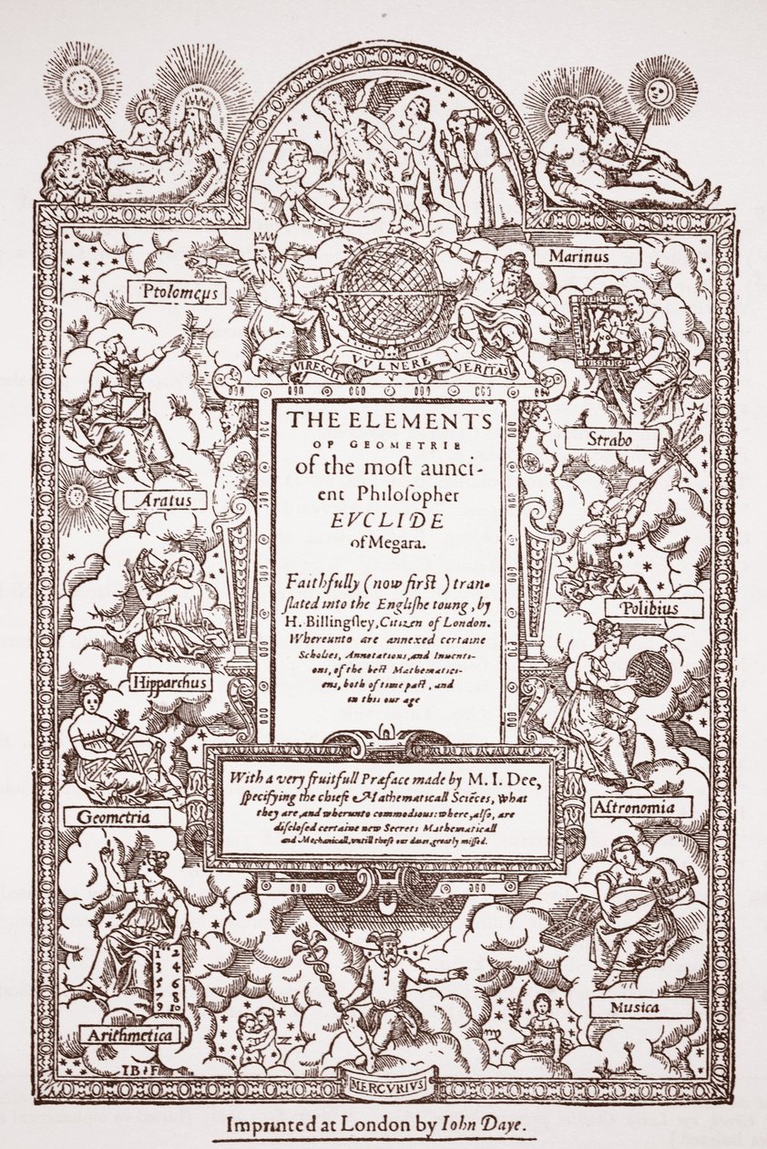 Titelsida för tidig översättning av Euklids element, tryckt av John Day, London, 1570-71 av English School
