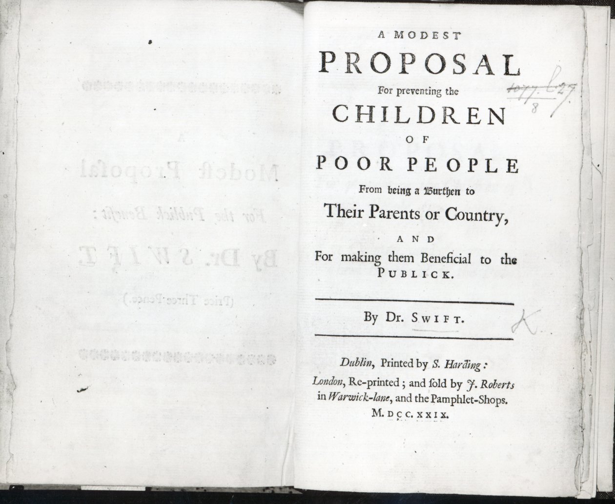 Titelsida till A Modest Proposal av Jonathan Swift, publicerad 1729 (tryckt) av English School