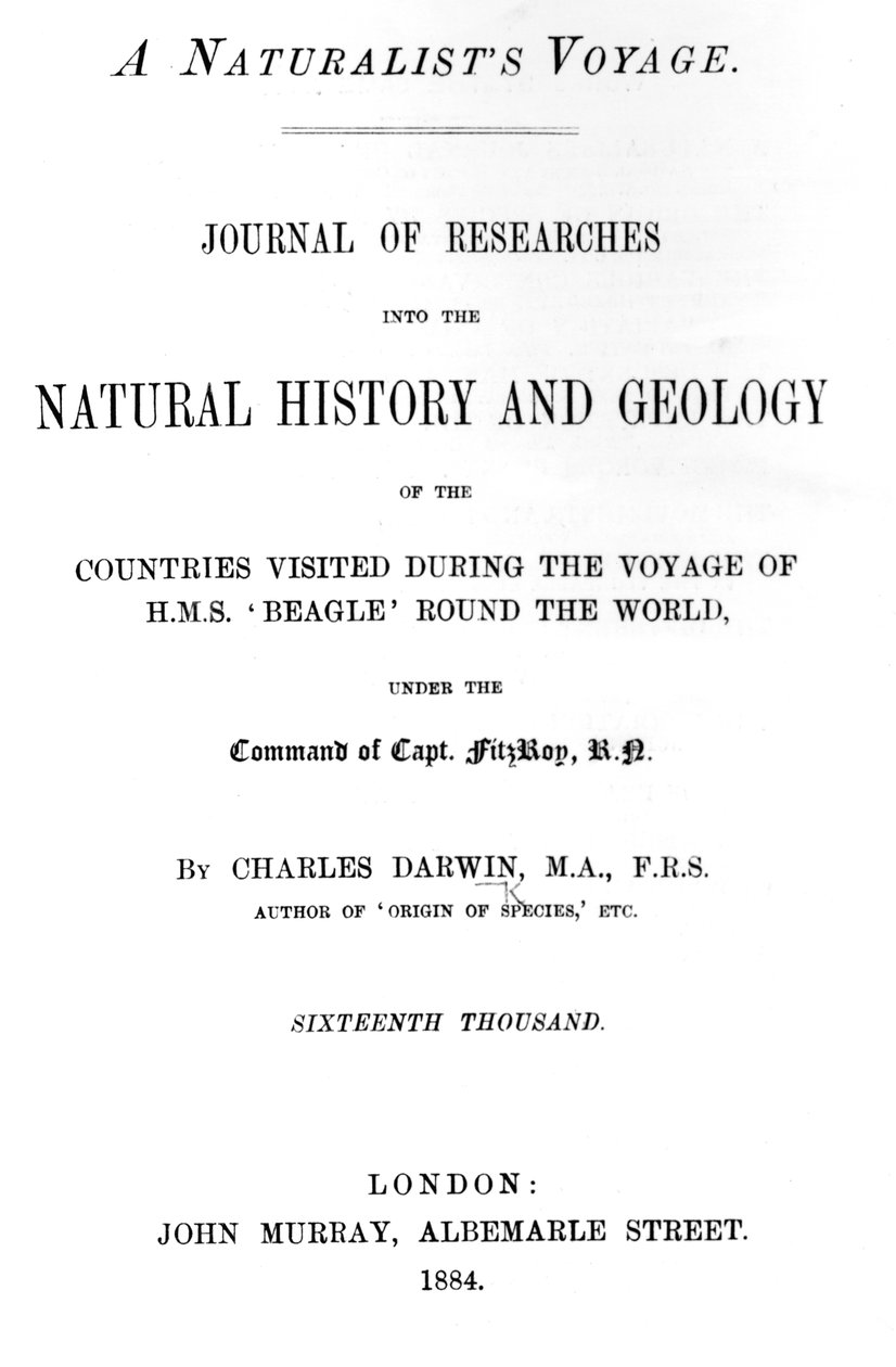 Titelsida till A Naturalists Voyage Around the World av Charles Darwin, upplaga publicerad 1884 (tryckt papper) av English School