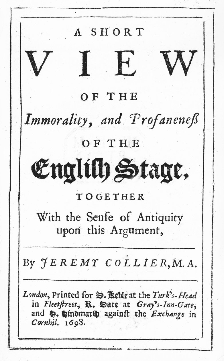 Titelsida till A Short View of the Immorality and Propaneness of the English Scene av Jeremy Collier, 1698 (tryckt papper) av English School