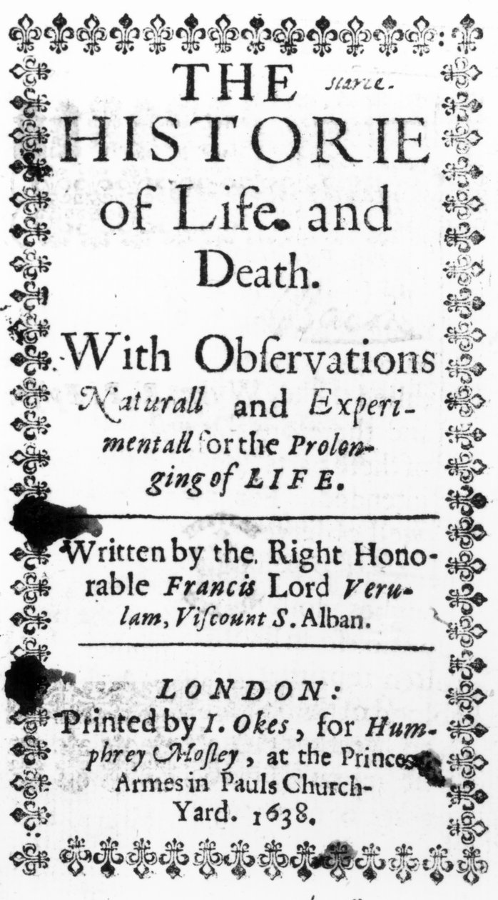 Titelsida till Francis Bacons The History of Life and Death, publicerad 1638 (tryckt) av English School