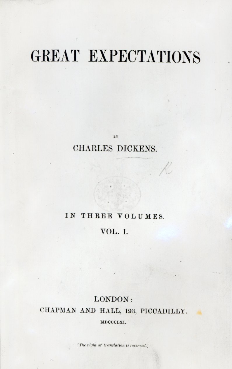 Titelsida till Great Expectations av Charles Dickens, första upplagan, 1861 (tryck) av English School