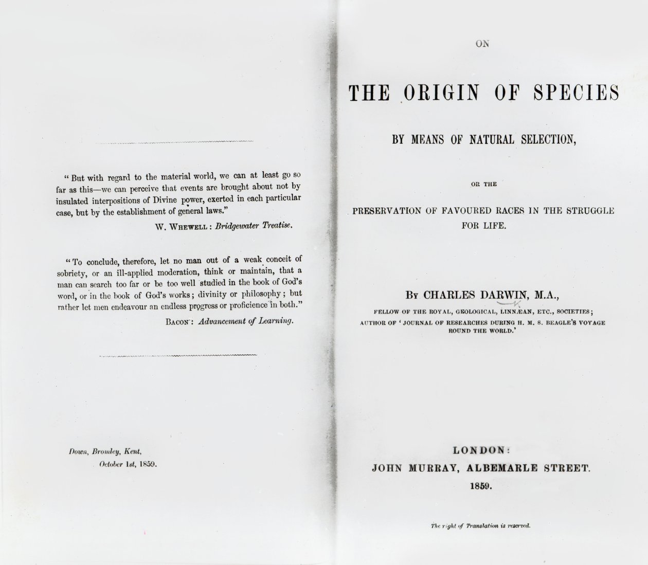 Titelsida till On the Origin of Species av Charles Darwin, publicerad 1859 av English School