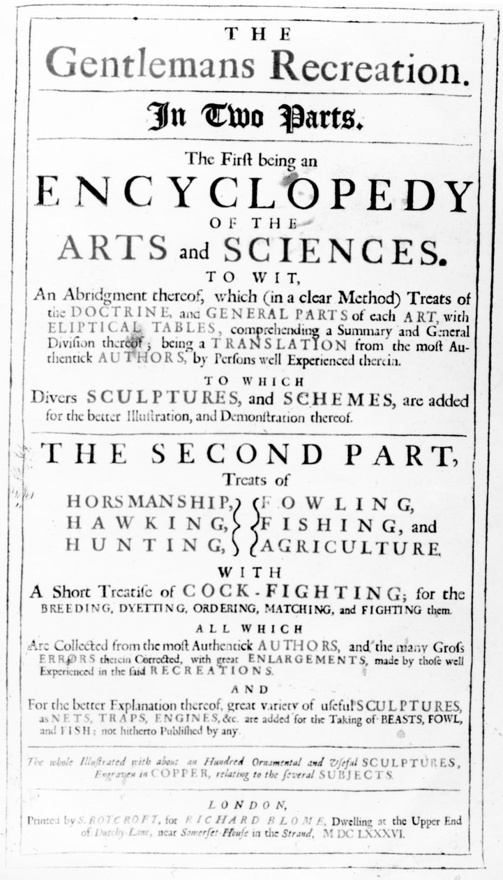 Titelsida till The Gentlemans Recreation publicerad av Richard Blome, 1686 av English School