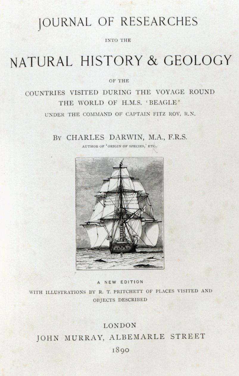Titelsida till The Voyage of the Beagle av Charles Darwin, utgåva publicerad 1890 av English School