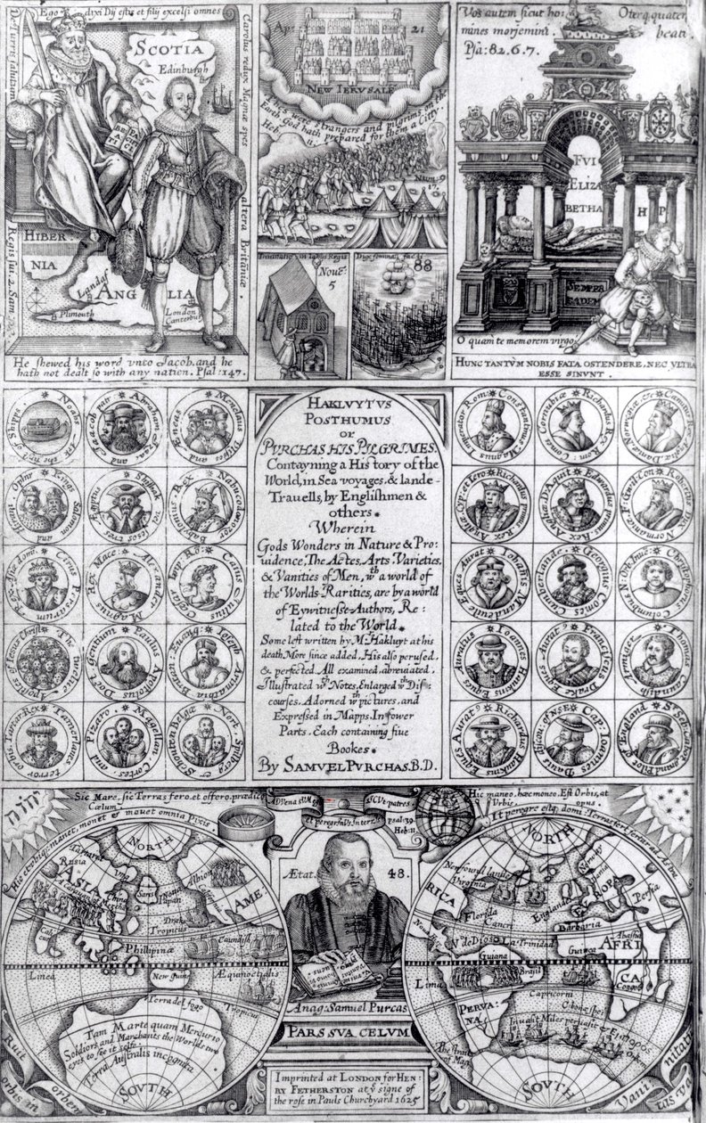 Titelsida till första upplagan av Hakluytus Posthumus or Purchas His Pilgrimes, publicerad 1625 av English School