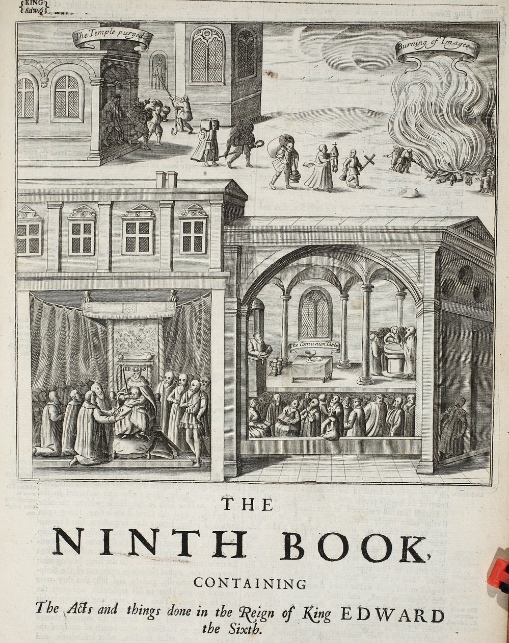 Titelsida till den nionde boken, illustration från Acts and Monuments av John Foxe, nionde upplagan, pub. 1684 av English School