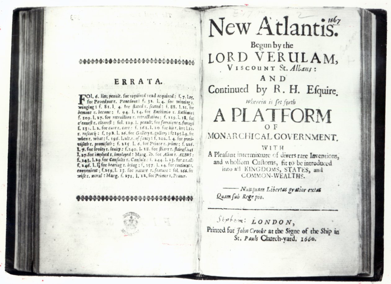 Titelsidor till Francis Bacons New Atlantis, utgåva publicerad 1660 (tryck) av English School