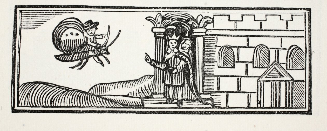 Tom gömde sig och försökte fly på ryggen av en fjäril, illustration från Chap-books of the Eighteenth Century av John Ashton, pub. 1882 av English School