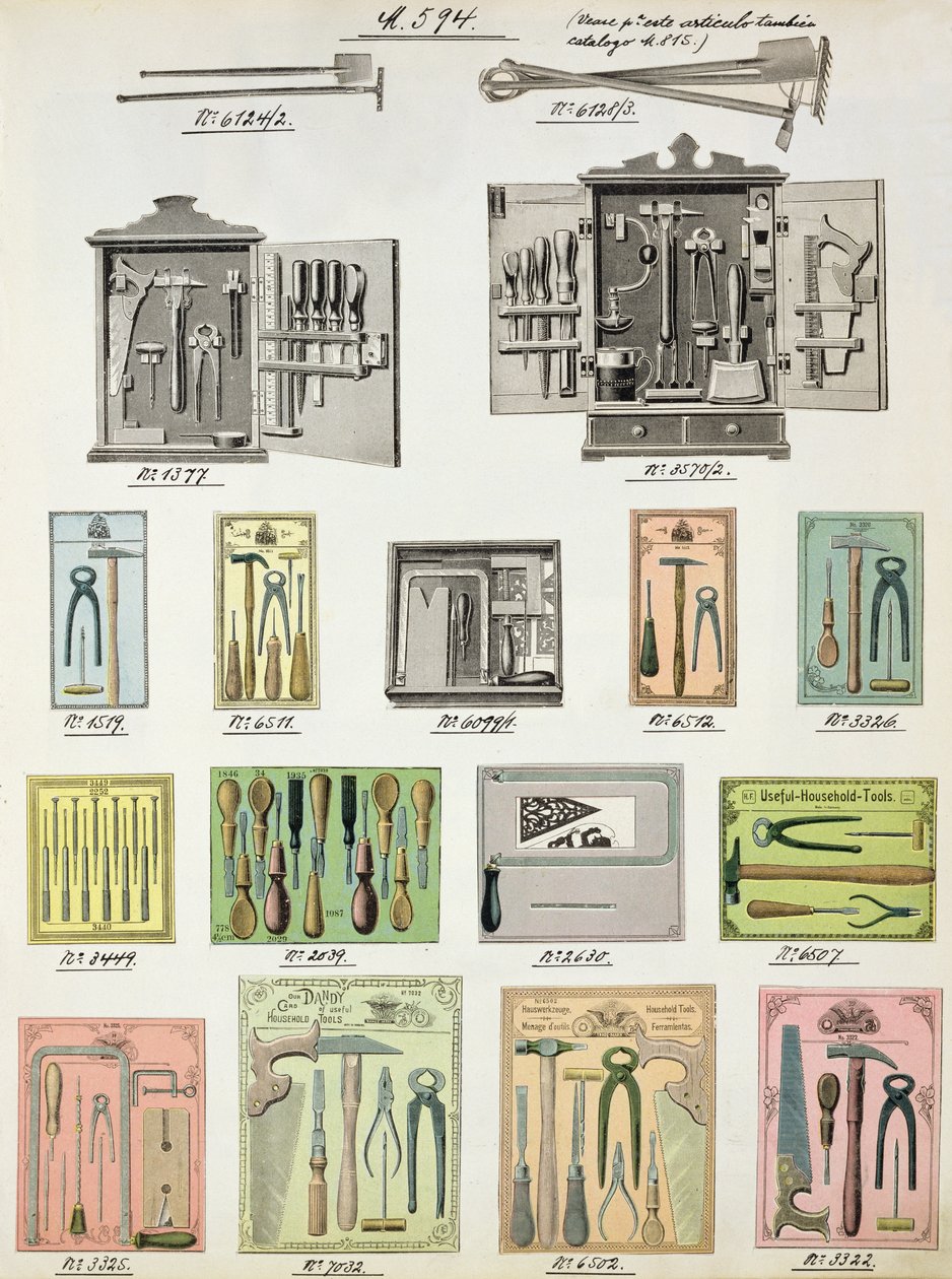 Verktyg och verktygslådor från en handelskatalog över inhemska varor och beslag, ca 1890-1910 av English School