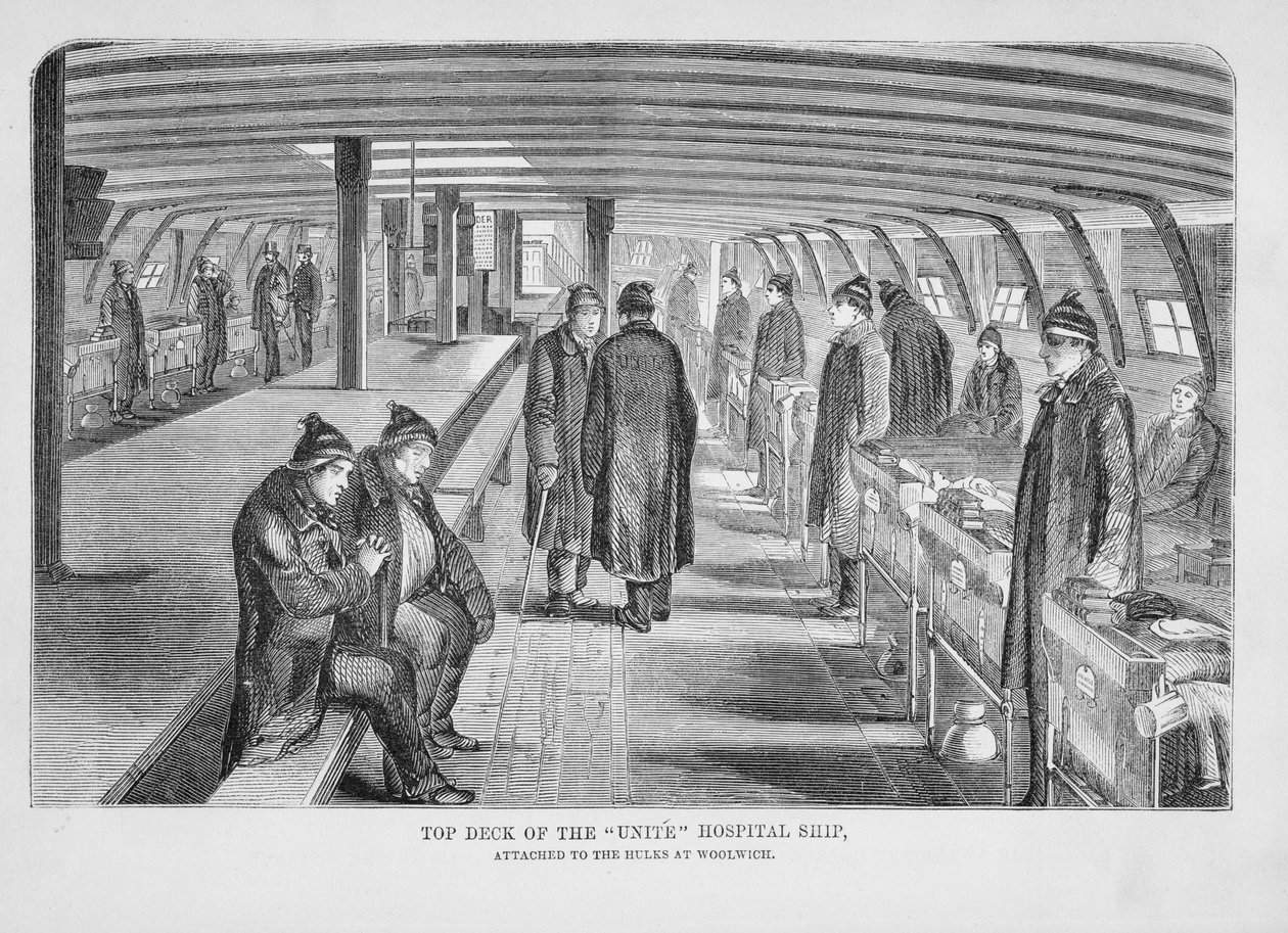Top Deck av Unite Hospital Ship Attached to the Hulks at Woolwich, från The Criminal Prisons of London och Scenes of Prison Life, av Henry Mayhew (1812-87) och John Binny, 1862 av English School