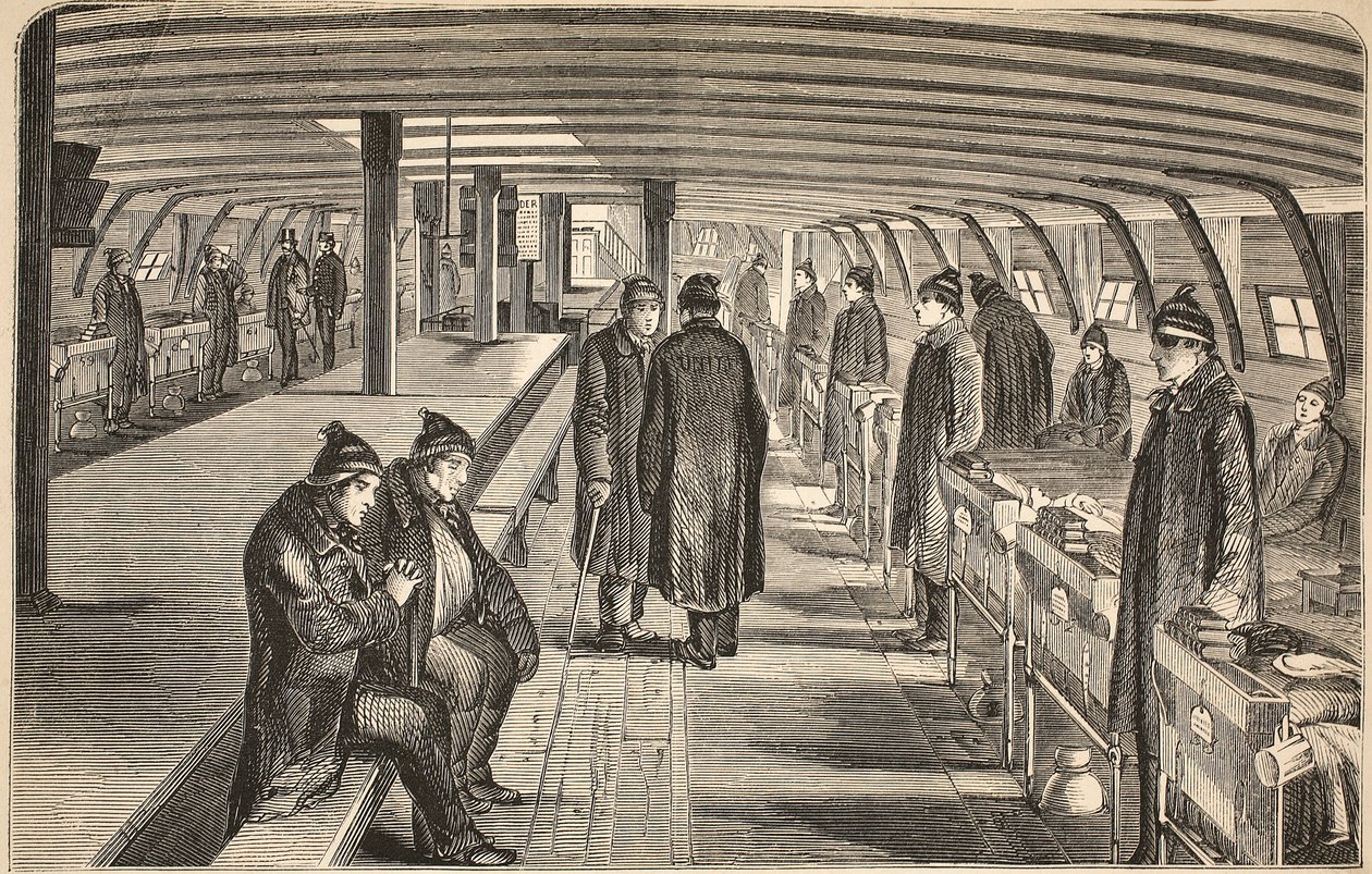 Toppdäck på Unite-sjukhusets skepp, fäst vid hulken i Woolwich, illustration från The Criminal Prisons of London och Scenes from Prison Life av Henry Mayhew och John Binny, pub. 1862 (gravyr av English School