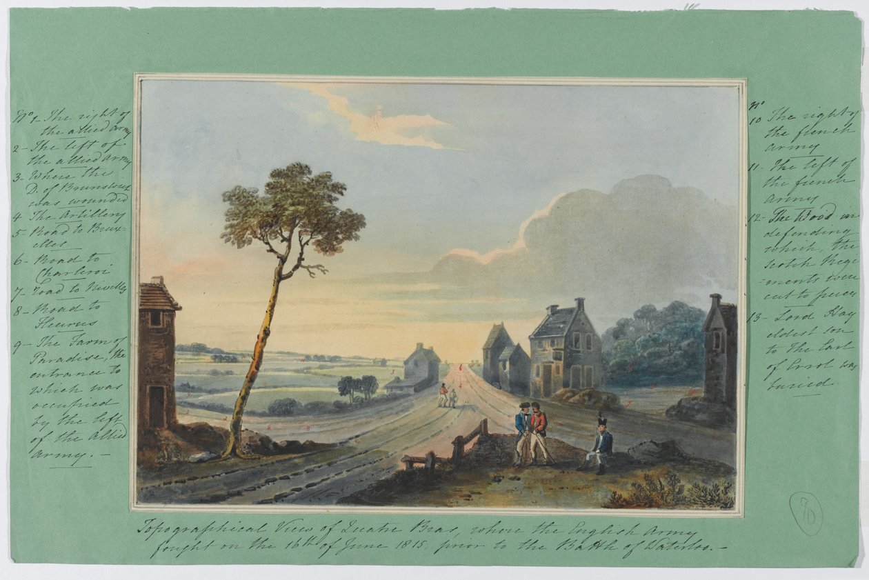 Topografisk vy av Quatre Bras, där den engelska armén stred den 16 juni 1815 före slaget vid Waterloo, c.1815 (wc på papper) av English School