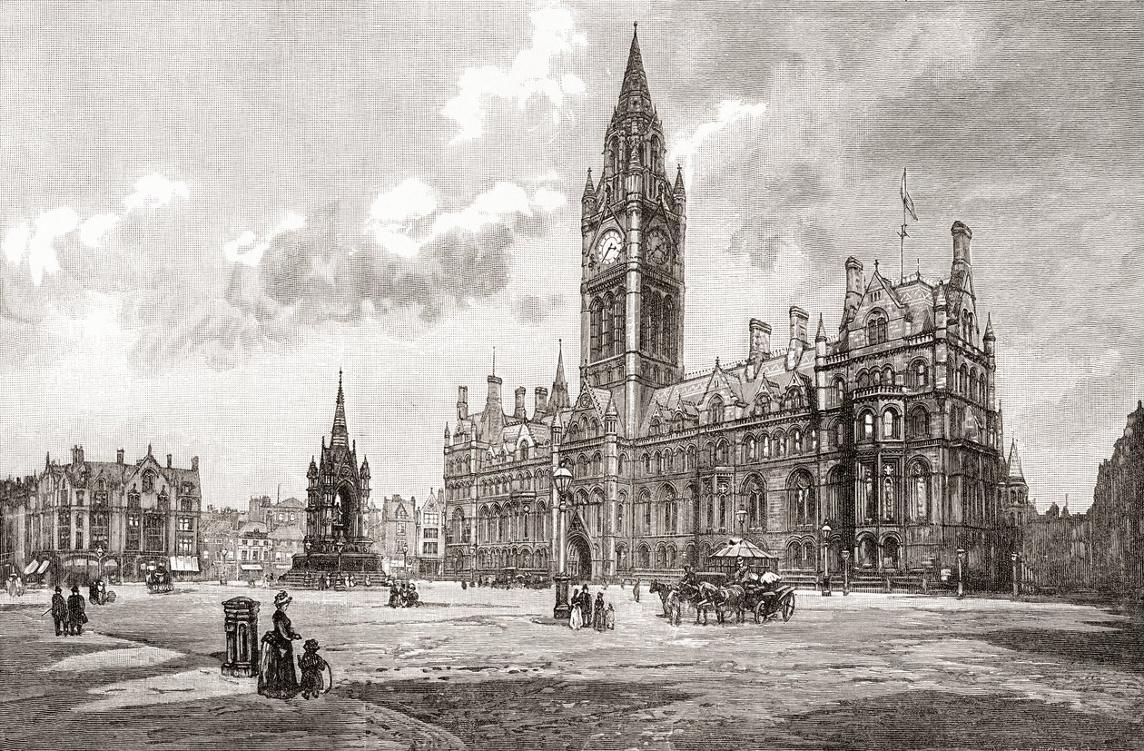 Town Hall, Albert Square, Manchester, från "Cities of the World", publicerad ca 1893 (tryck) av English School