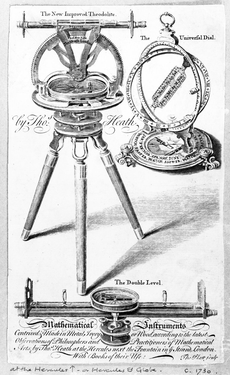 Byteskort för Thomas Heath, tillverkare av matematiska instrument, tryck gjort av Thomas Platt, ca 1730 av English School