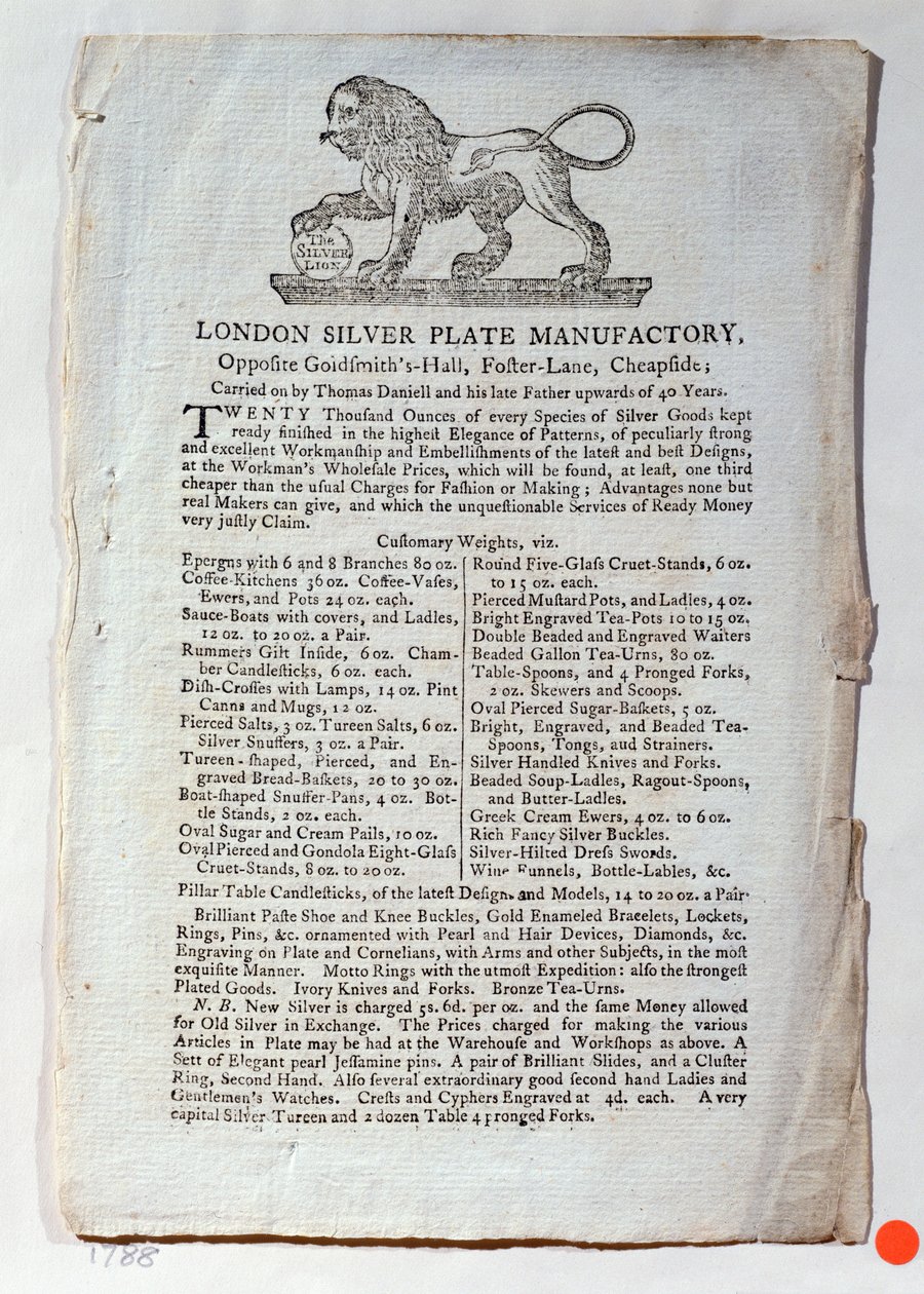 Handelskort för London Silver Plate Manufactory, 1788 av English School