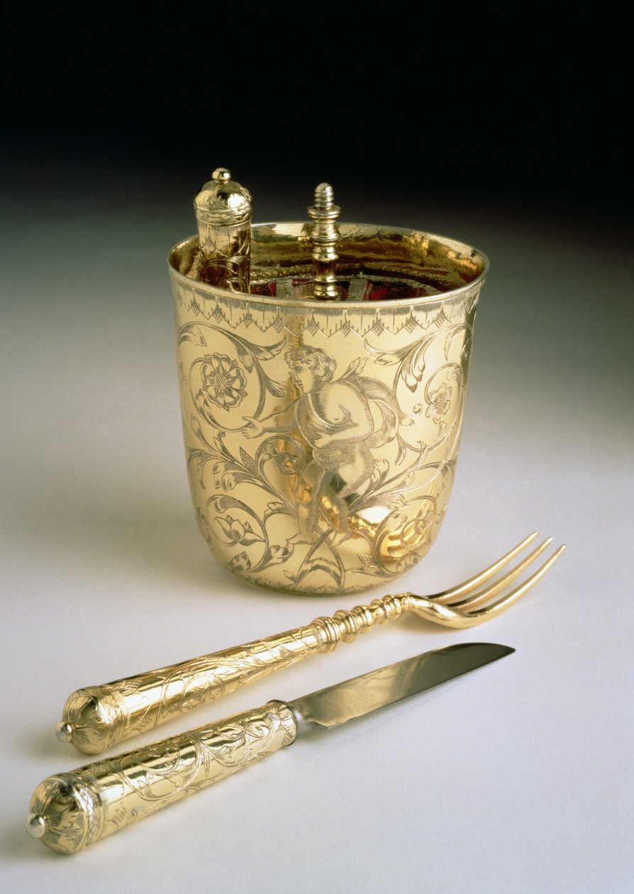 Resande set med kniv, gaffel, sked och bägare, ca 1690 (silver) av English School