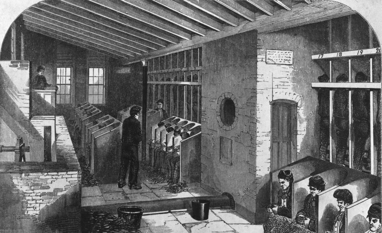 Tread-Wheel and Oakum-Shed at the City Prison, Holloway, från "The Criminal Prisons of London and Scenes of Prison Life" av Henry Mayhew och John Binny, 1862 (gravyr). av English School