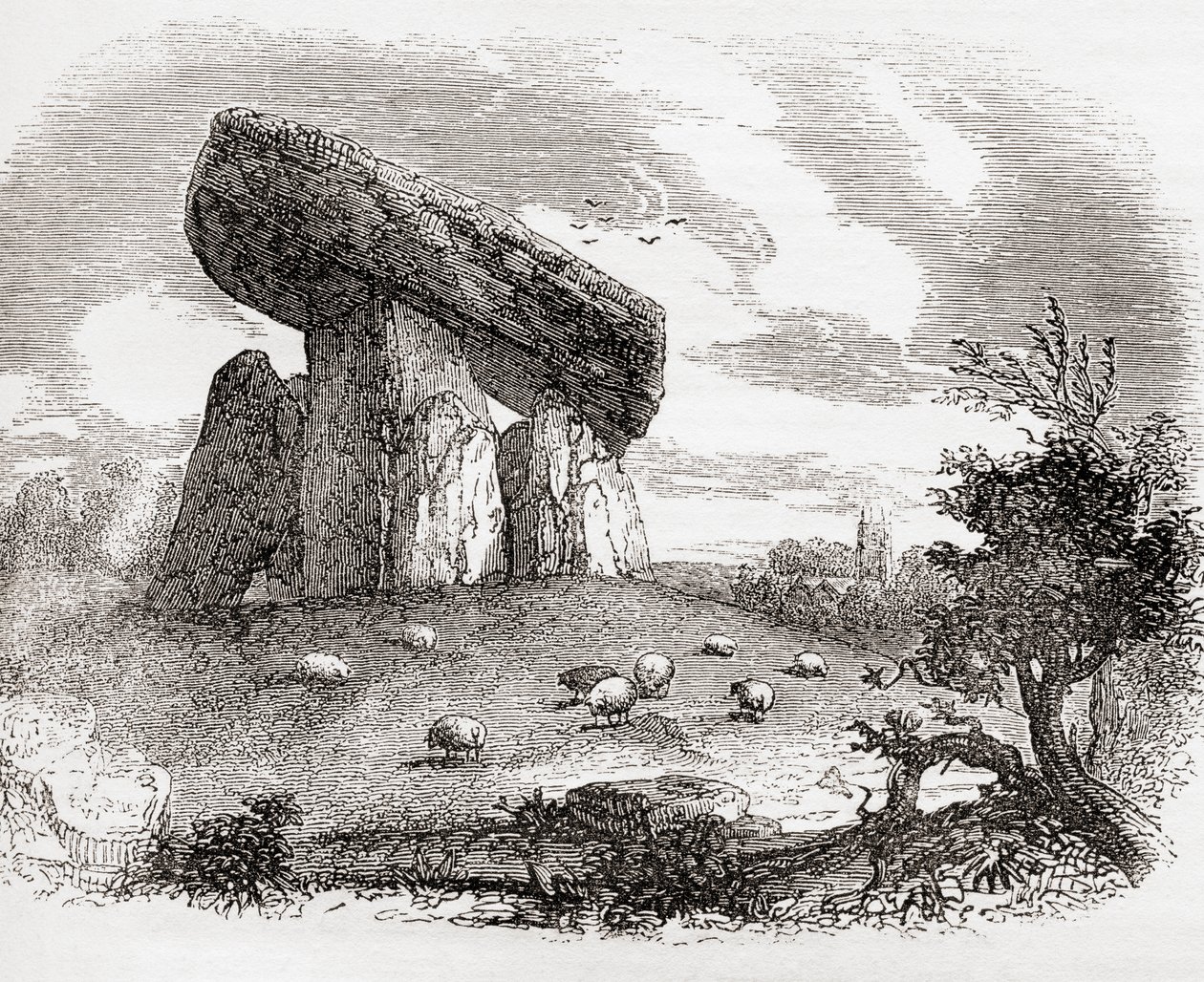 Trethevy Quoit, en megalitisk grav i Cornwall, England, från Old England: Ett bildmuseum, pub. 1847 av English School