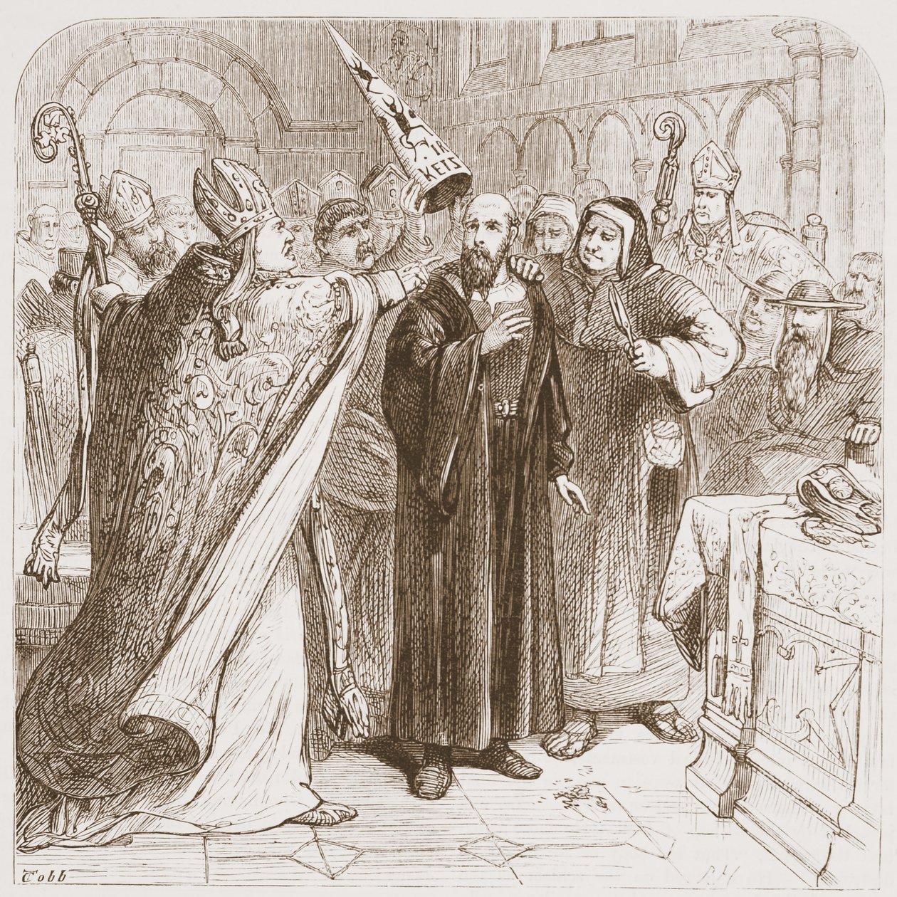 Rättegång mot Huss: Degradera martyren, illustration från The History of Protestantism av James Aitken Wylie (1808-1890), pub. 1878 av English School