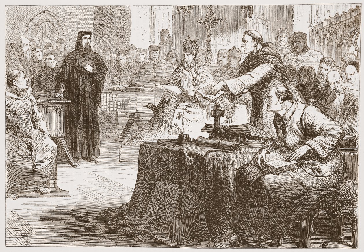 Trial of Wicliffe, illustration från The History of Protestantism av James Aitken Wylie (1808-1890), pub. 1878 av English School