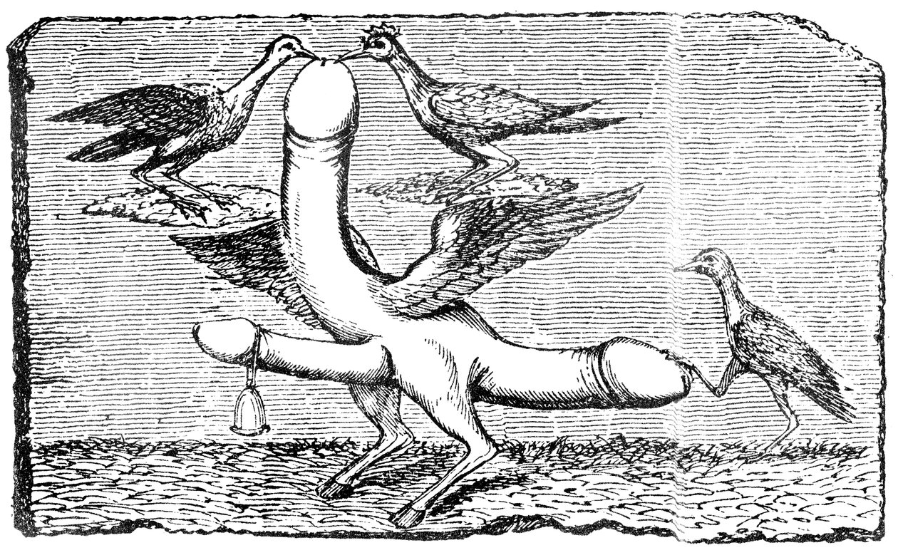 Trippelfallus med vingar, ben och fötter på en get, en klocka, vingar, två fåglar som pickar den största penis och en annan fågel som håller ner svansen med foten av English School