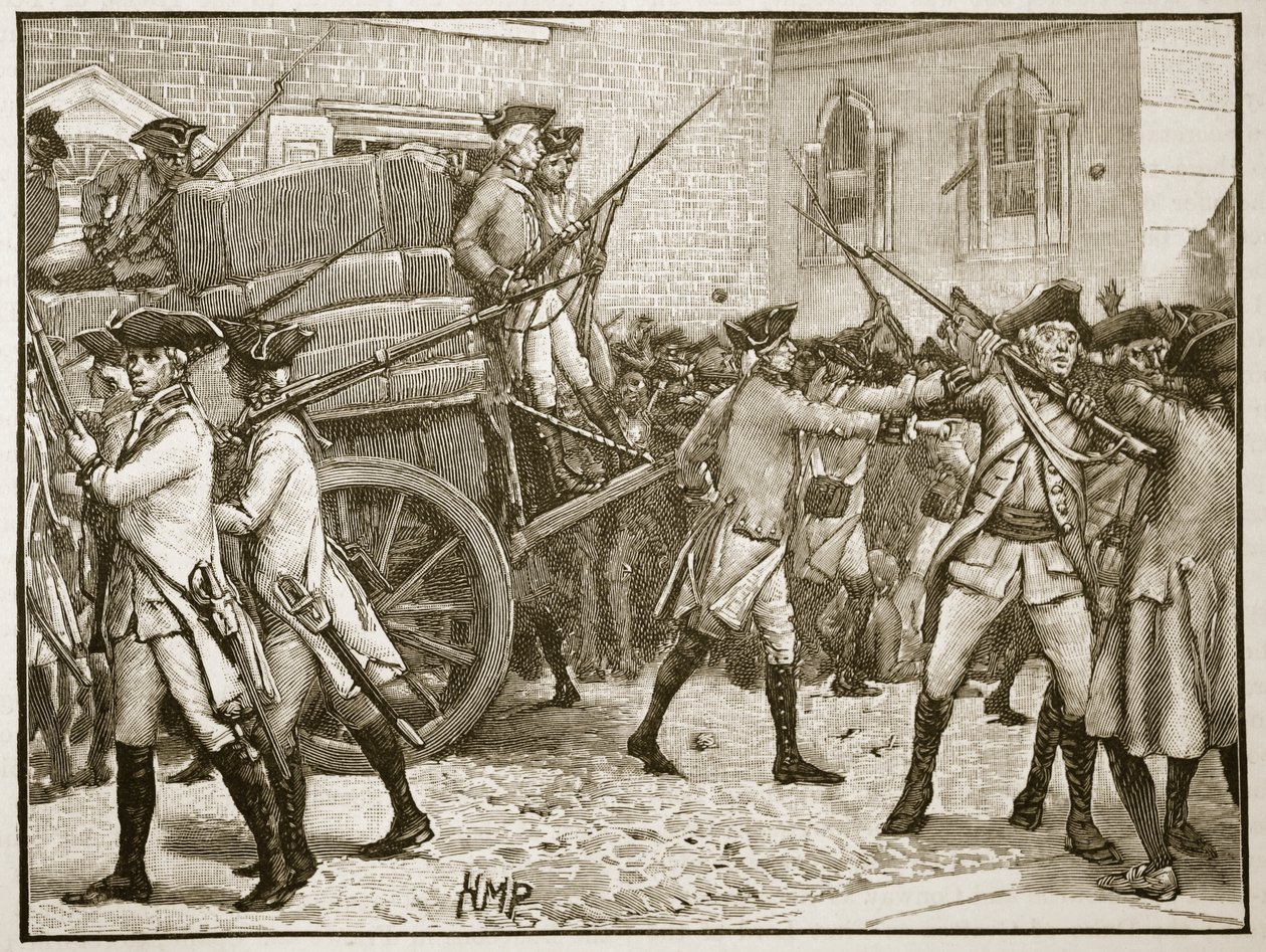 Trupper som eskorterar det stämplade papperet till stadshuset, New York, 1766, illustration från Cassells Illustrated History of England (sepiafoto) av English School