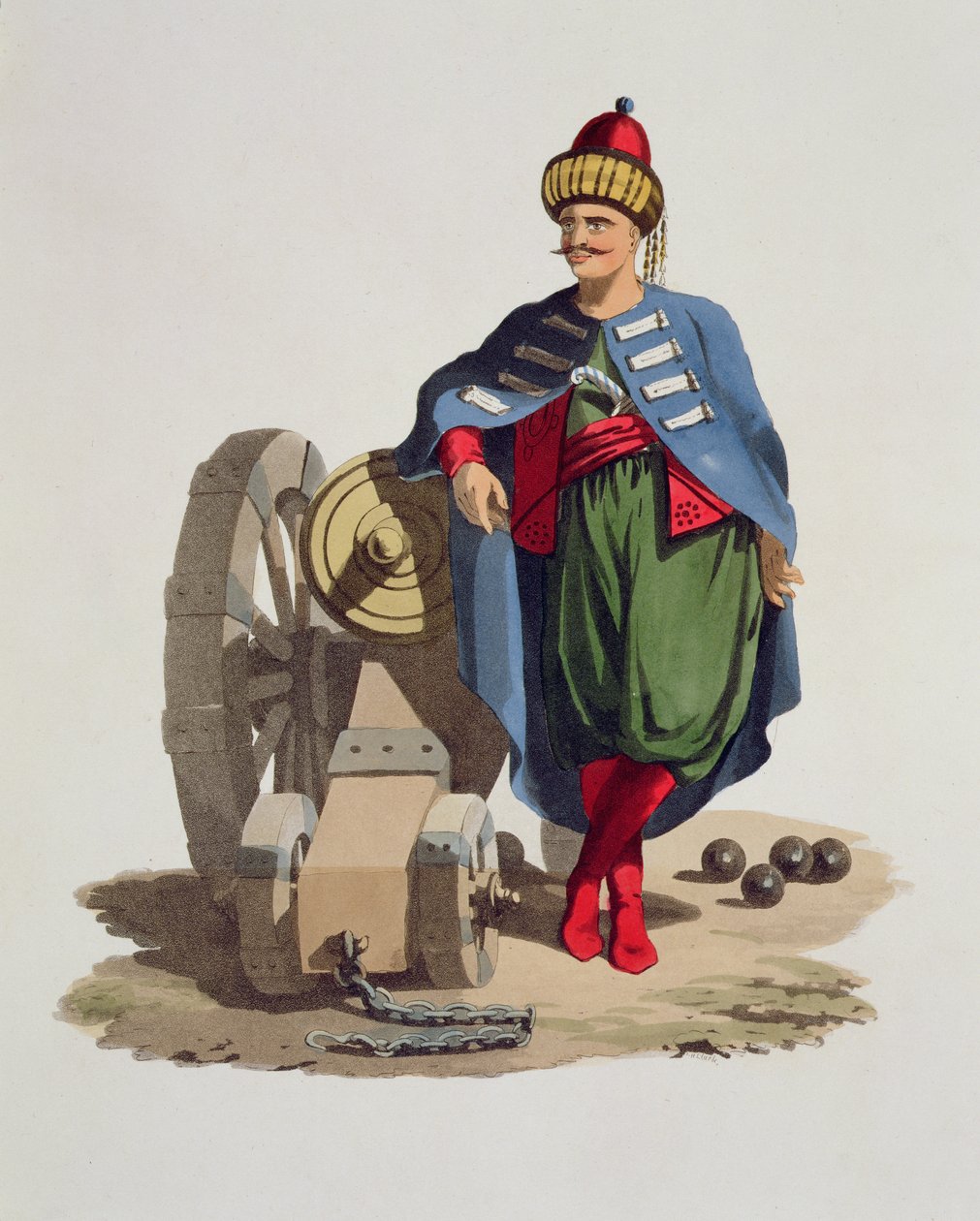 Turkish Soldier, från Costumes of the Various Nations, Volym VII, The Military Costume of Turkey, av Thomas MacLean, publicerad ca 1800-18 (handfärgad akvatint) av English School