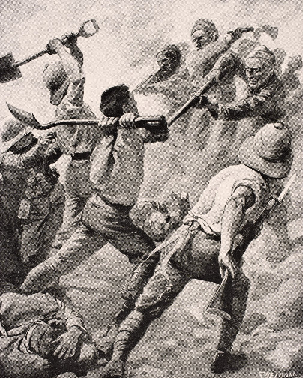 Turkiska och brittiska soldater i hand-till-hand-strid på Gallipolihalvön Turkiet 1915, från 