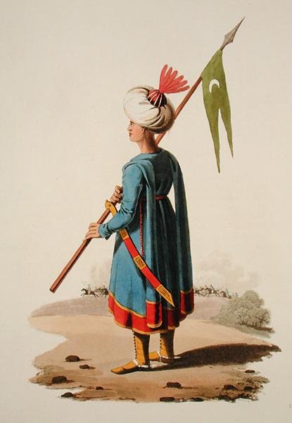 Turkisk soldat, från "Costumes of the Various Nations", volym VII, "The Military Costume of Turkey", av Thomas MacLean, publicerad omkring 1800-18 (handkolorerad akvatint). av English School