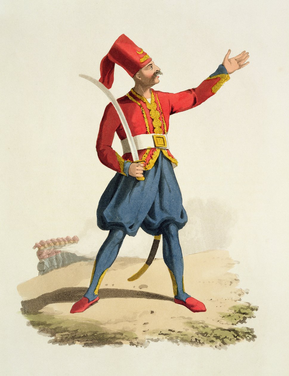 Turkisk soldat, från Costumes of the Various Nations, Volym VII, The Military Costume of Turkey, av Thomas MacLean, publicerad ca 1800-18 (handfärgad akvatint) av English School