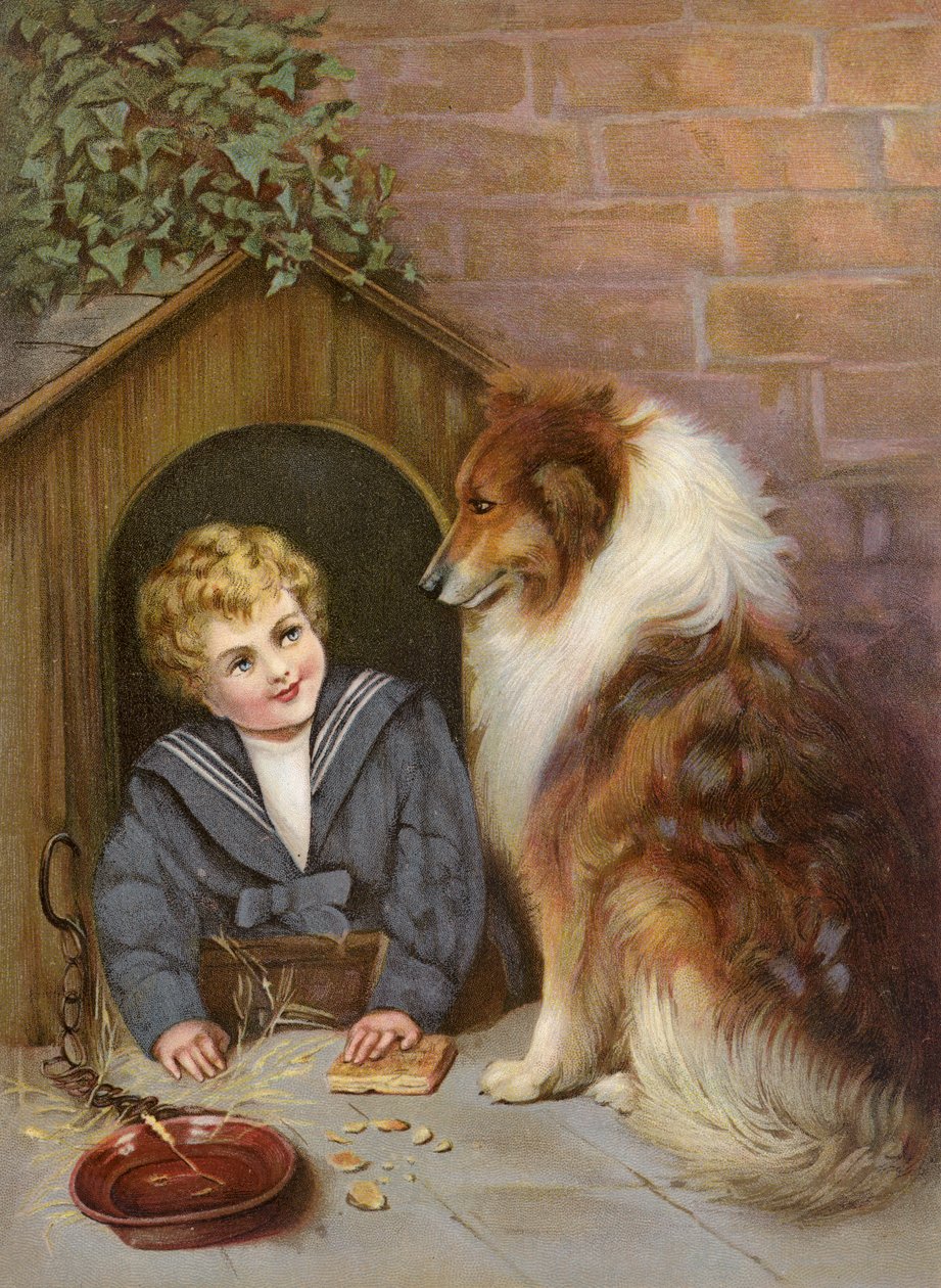 Turned Out - Pojke som låtsas vara colliehund (färglitografi) av English School