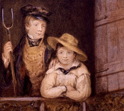 Två pojkar vid en ladugårdsdörr, ca 1825 (akvarell på papper) av English School