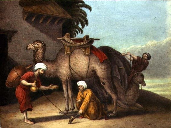 Två kameler med skötare, ca 1825 (akvarell på papper) av English School
