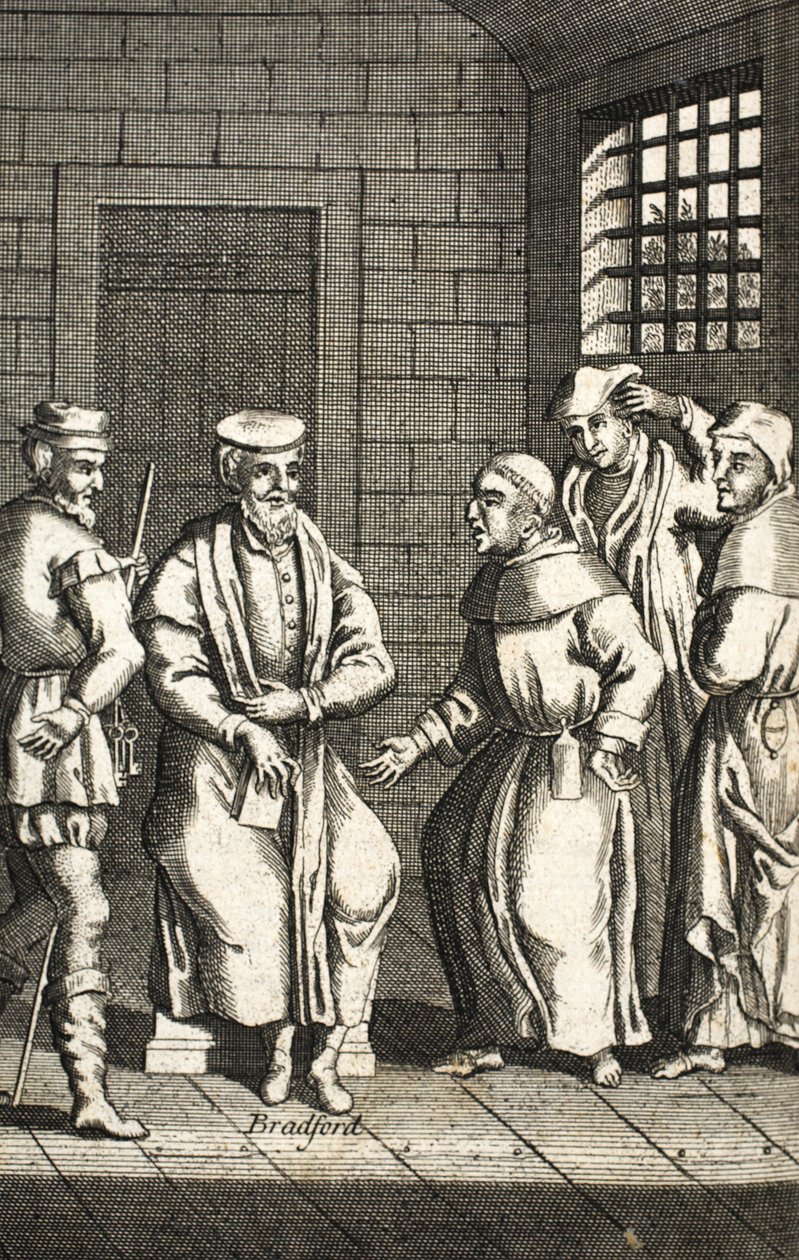 Två spanska munkar som pratar med Mr Bradford, illustration från Foxes Martyrs c.1703 99:Foxes Book of martyrs; John Fox; c17:e; Rävar; av English School