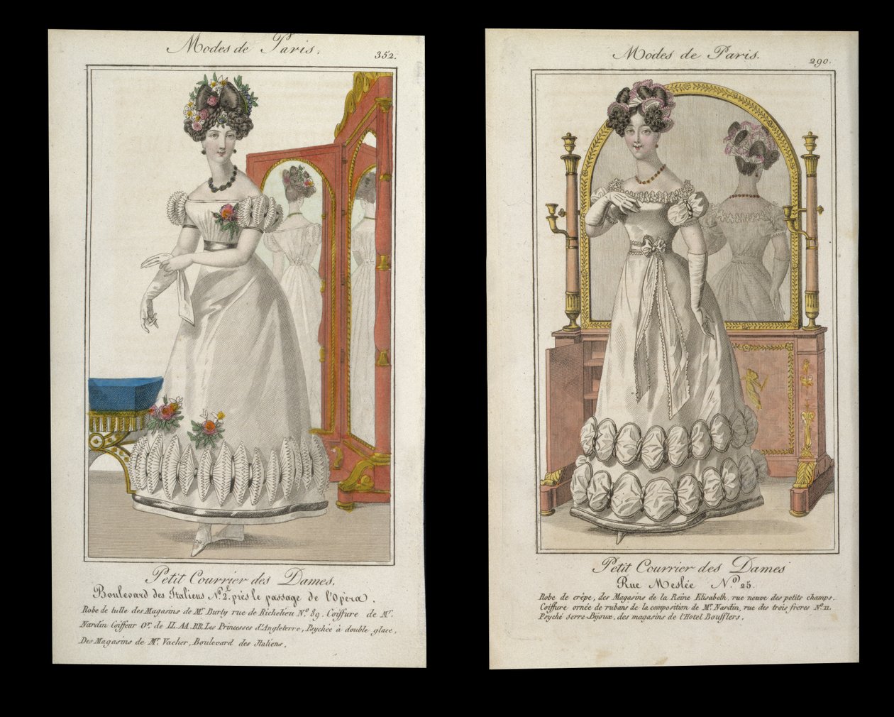 Två modetallrikar av damer i aftonklänning, annonser från Modes de Paris, c.1825 av English School