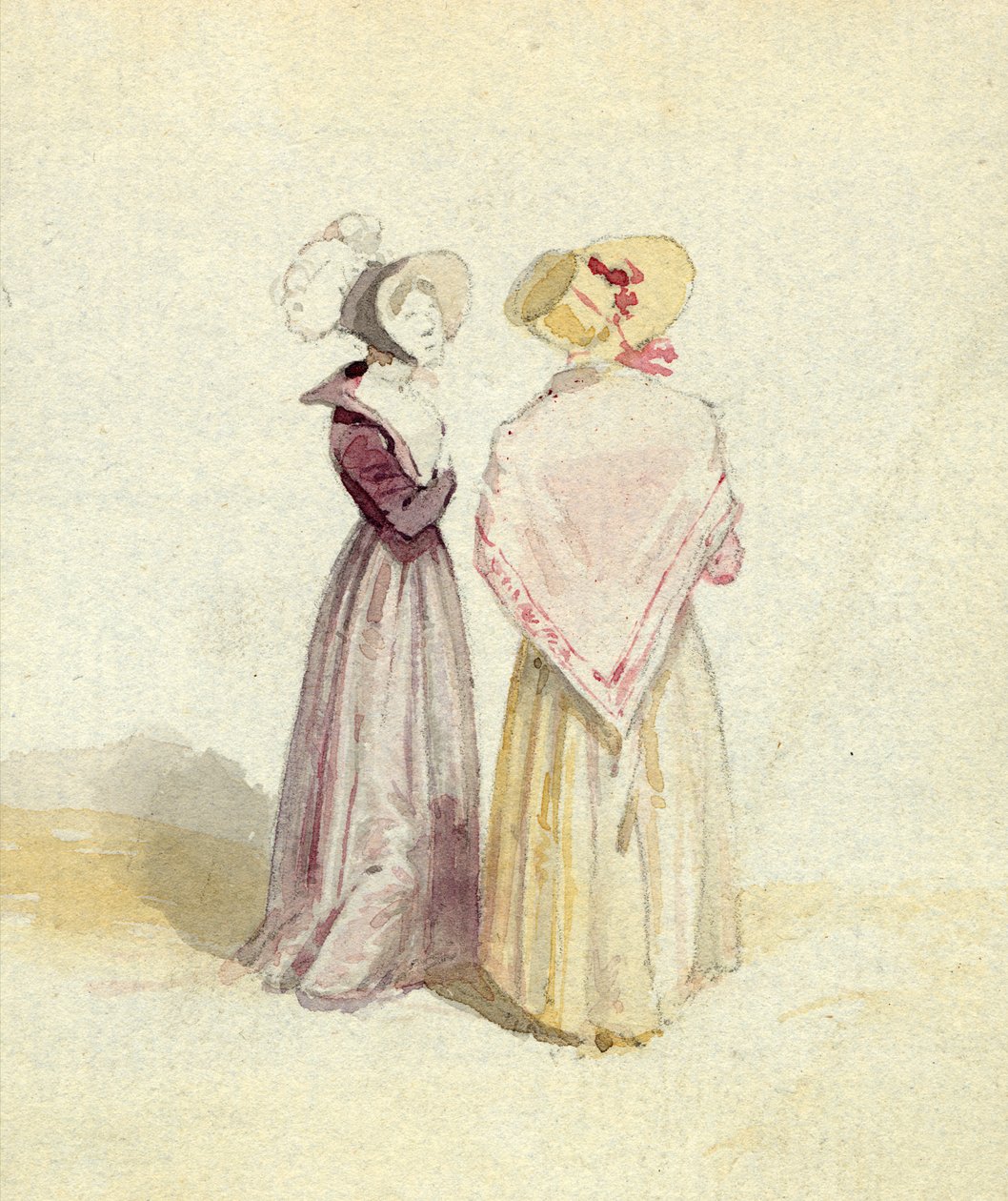 Två kvinnor i huvar, ca 1825 (wc på papper) av English School