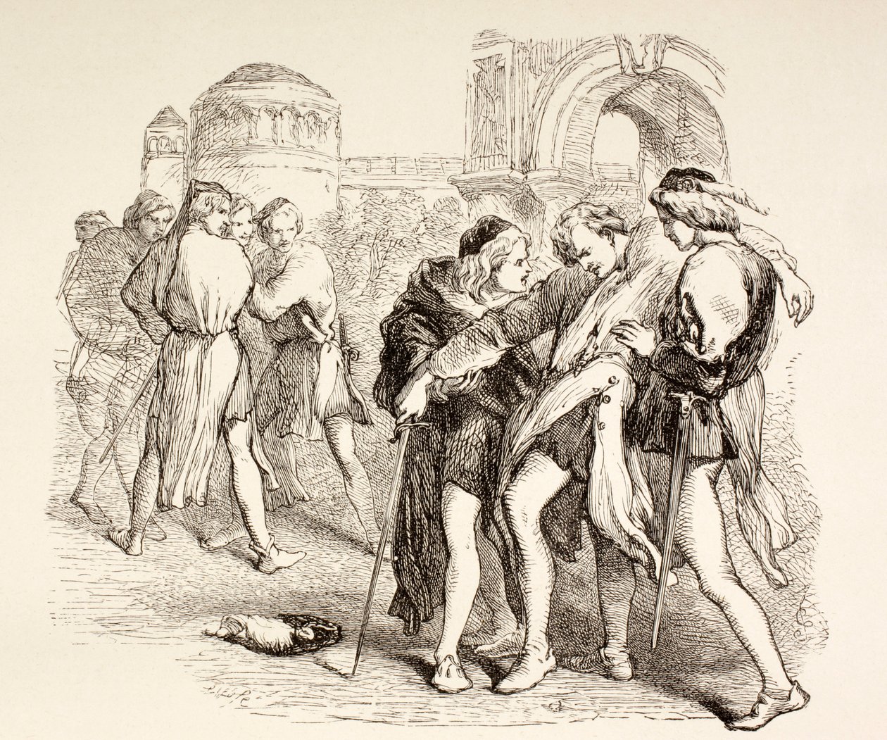 Tybalt är dödligt sårad av Romeo, illustration från Romeo och Julia, från 