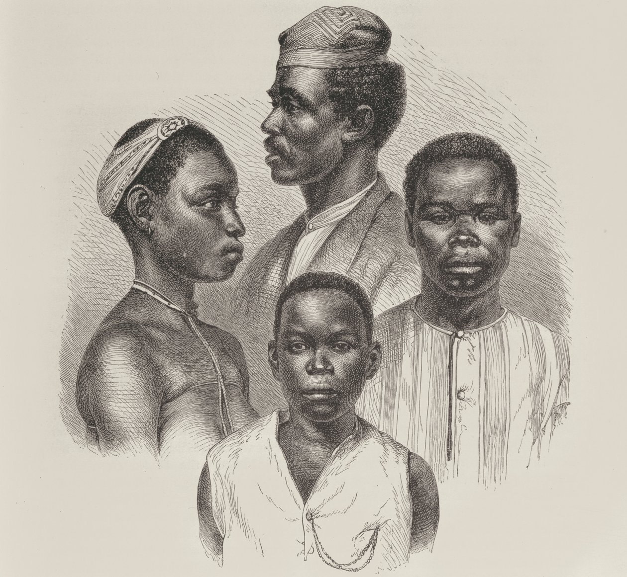 Typer från Loango Coast, från mänsklighetens historia, vol. III, av prof. Friedrich Ratzel, 1898 av English School