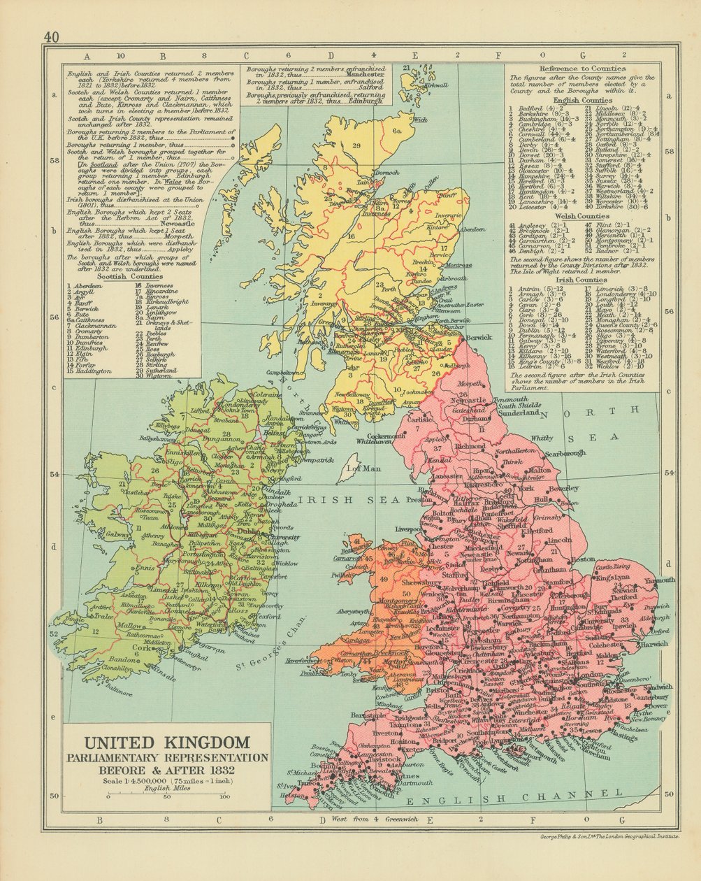 Förenade kungarikets parlamentariska representation före och efter 1832 (färglitografi) av English School