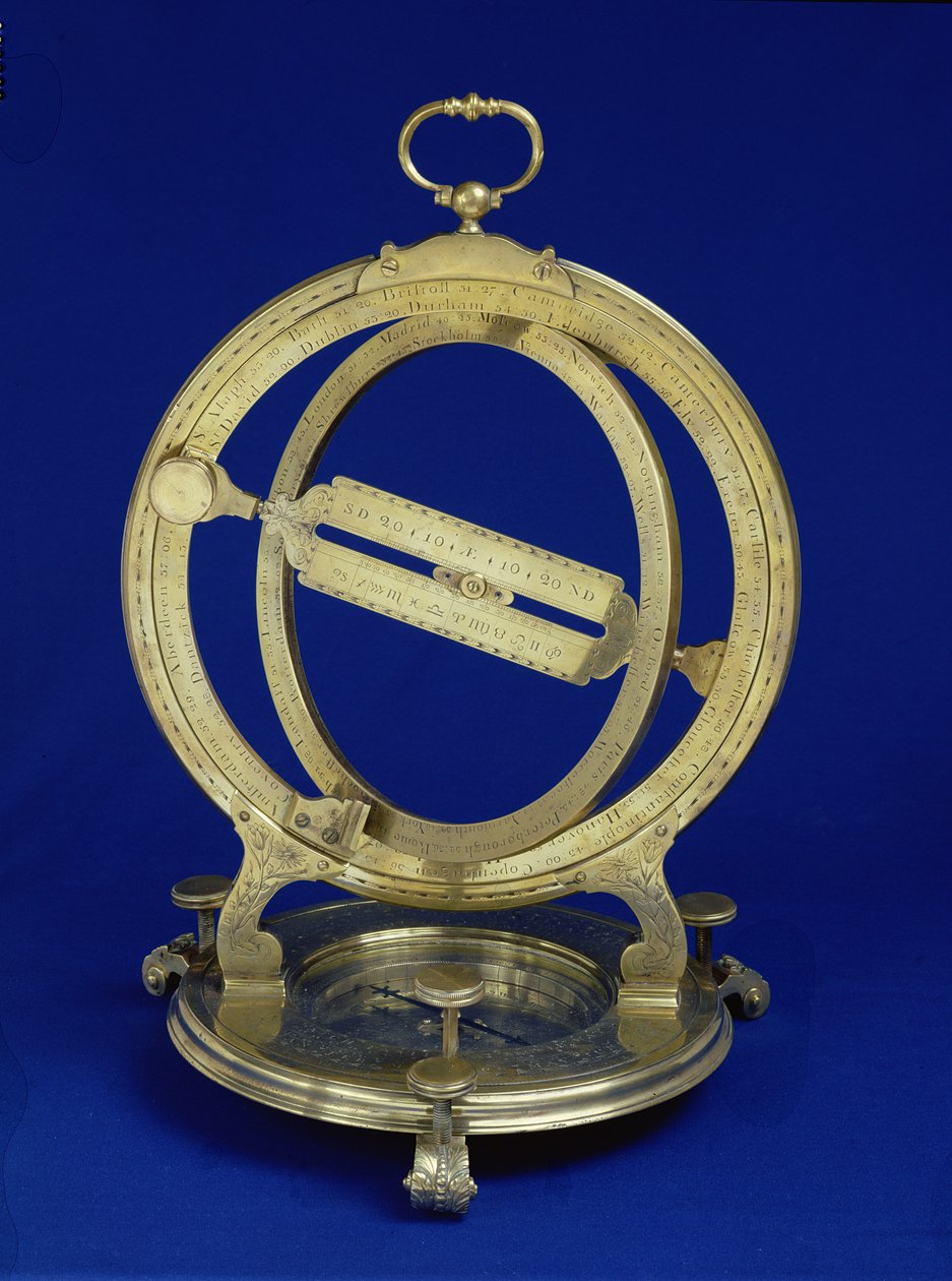 Universal Equinoctian Standing Ring Dial, troligen tillverkad av Thomas Heath, ca 1730 (mässing) av English School