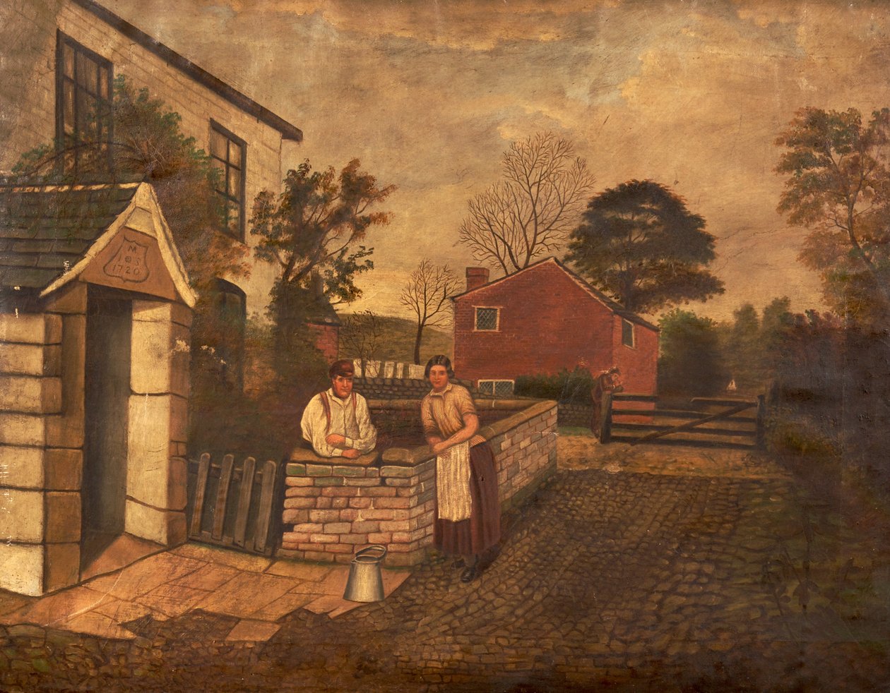 Utan titel (tre figurer utanför en stuga daterad 1720), c.1830-70 av English School