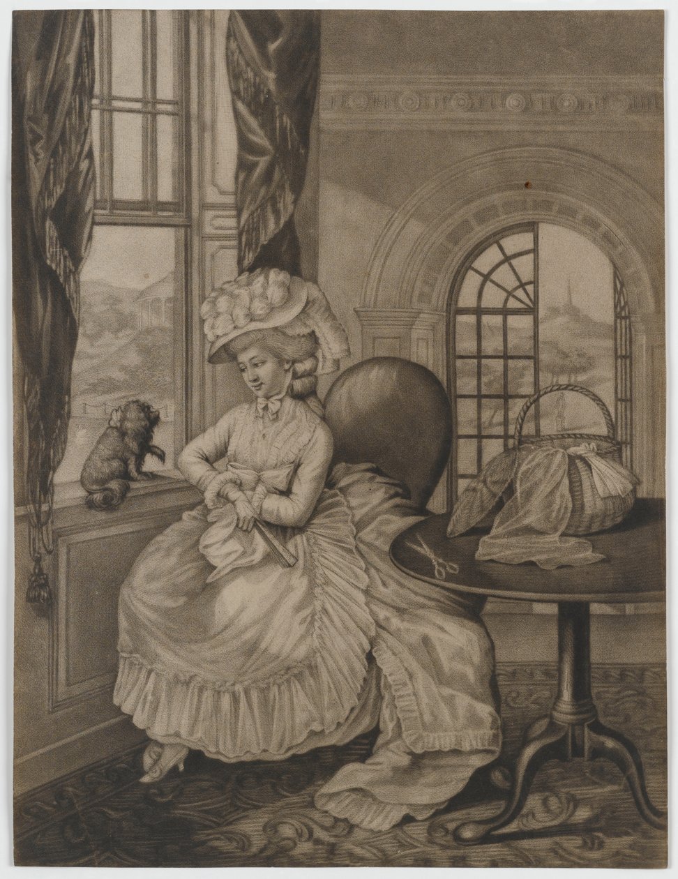 Untitled (kvinna som sitter vid ett fönster angående en liten hund), c.1780 (mezzotint) av English School