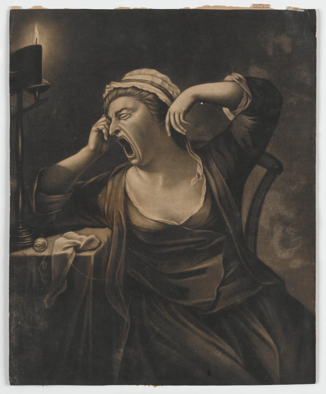 Utan titel (kvinna som gäspar), ca 1780 (mezzotint) av English School