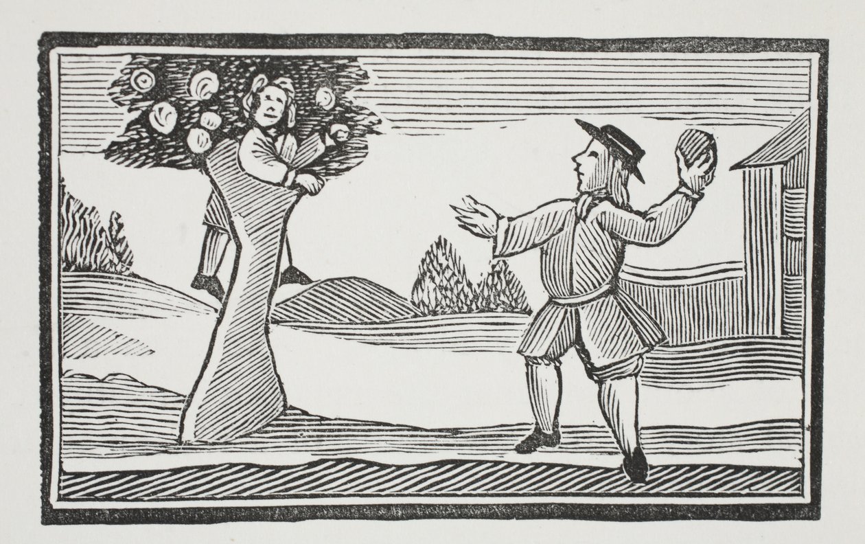 Upp i trädet hur gets, illustration från Chap-books of the Eighteenth Century av John Ashton, pub. 1882 av English School