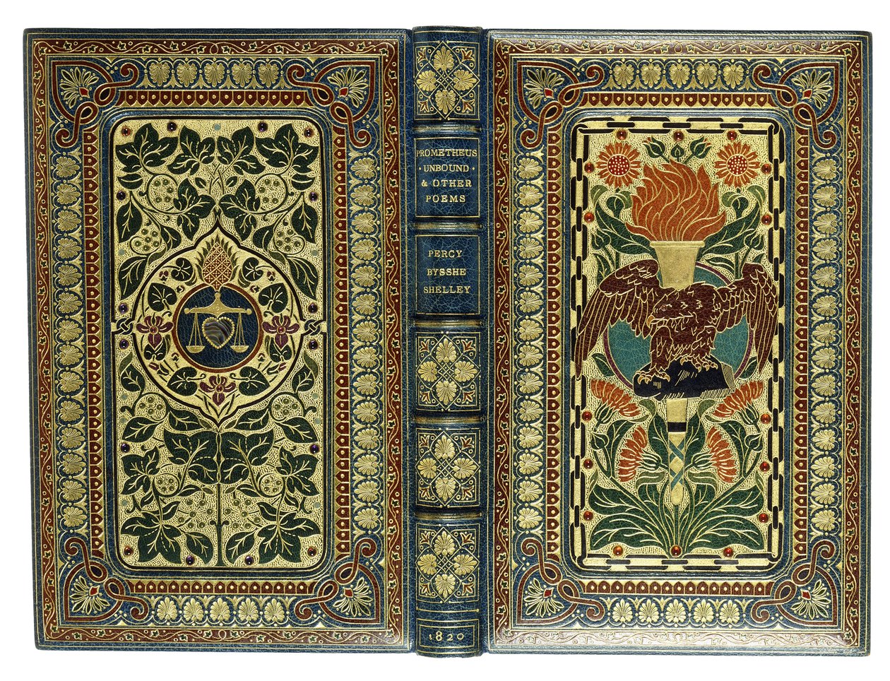Övre och undre omslag, med örn, ficklampa, hjärta, fjäll och blommönster, 1820 av English School